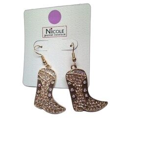 Nicole Rhinestone And Enamel Cowgirl Boot Dangle Earrings Gold